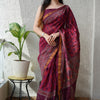 Handcrafted Royal Plum Wine & Crimson Leaf Motif Block Printed Maheshwari Silk Cotton Saree with Woven Zari Border