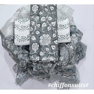 Premium Quality Hand Block Printed Cotton Dress Material with Chiffon Dupatta - KC011112