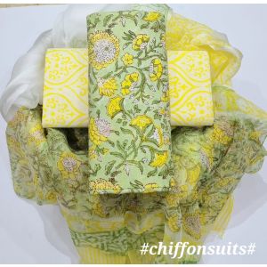 Premium Quality Hand Block Printed Cotton Dress Material with Chiffon Dupatta - KC011114