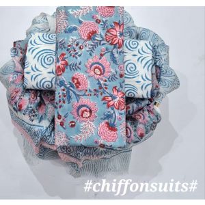 Premium Quality Hand Block Printed Cotton Dress Material with Chiffon Dupatta - KC011127
