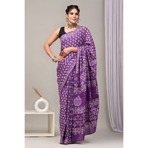 Beautiful Hand Block Printed Malmal Cotton Saree - KC100624