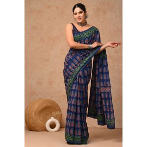 Beautiful Hand Block Printed Malmal Cotton Saree - KC100641