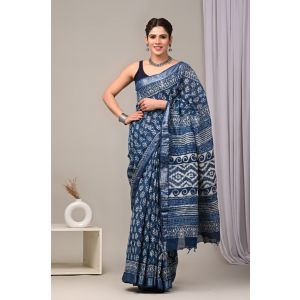 Linen Cotton Saree with Beautiful Silver Zari Border - KC180121