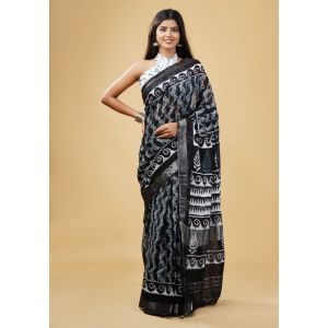 Linen Cotton Saree with Beautiful Silver Zari Border - KC180133