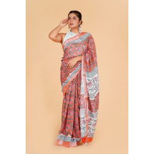 Linen Cotton Saree with Beautiful Silver Zari Border - KC180142