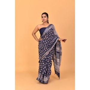 Linen Cotton Saree with Beautiful Silver Zari Border - KC180157