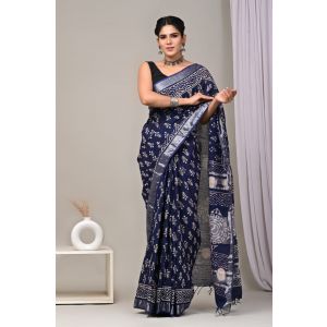 Linen Cotton Saree with Beautiful Silver Zari Border - KC180184