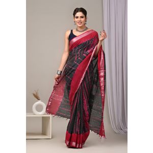 Linen Cotton Saree with Beautiful Silver Zari Border - KC180219