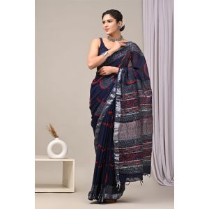 Linen Cotton Saree with Beautiful Silver Zari Border - KC180227