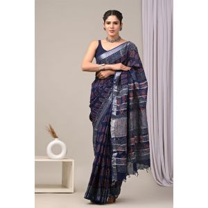 Linen Cotton Saree with Beautiful Silver Zari Border - KC180232