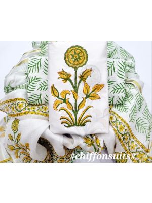 Premium Quality Hand Block Printed Cotton Dress Material with Chiffon Dupatta - KC011111