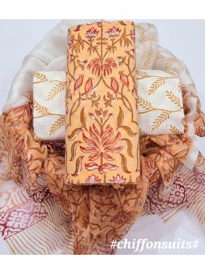 Premium Quality Hand Block Printed Cotton Dress Material with Chiffon Dupatta - KC011113