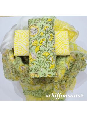 Premium Quality Hand Block Printed Cotton Dress Material with Chiffon Dupatta - KC011114