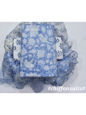 Premium Quality Hand Block Printed Cotton Dress Material with Chiffon Dupatta - KC011115