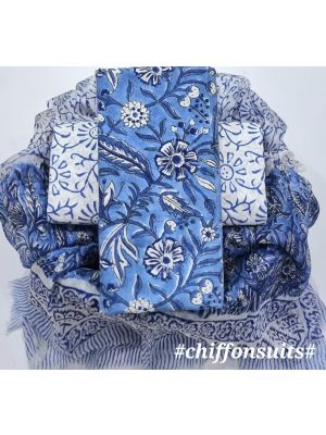 Premium Quality Hand Block Printed Cotton Dress Material with Chiffon Dupatta - KC011116