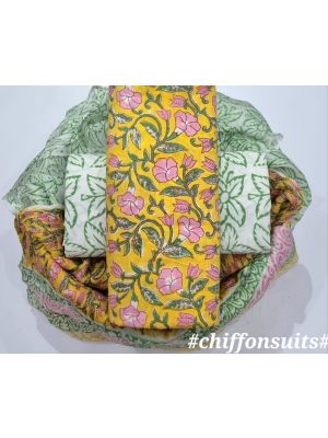 Premium Quality Hand Block Printed Cotton Dress Material with Chiffon Dupatta - KC011119