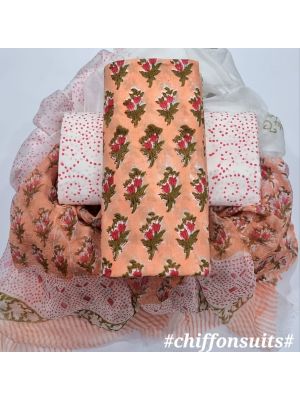 Premium Quality Hand Block Printed Cotton Dress Material with Chiffon Dupatta - KC011123