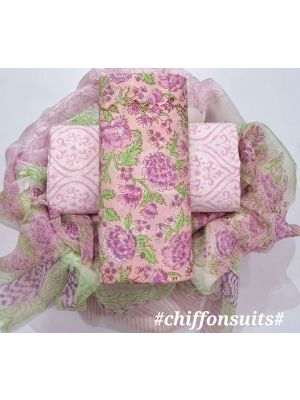 Premium Quality Hand Block Printed Cotton Dress Material with Chiffon Dupatta - KC011125