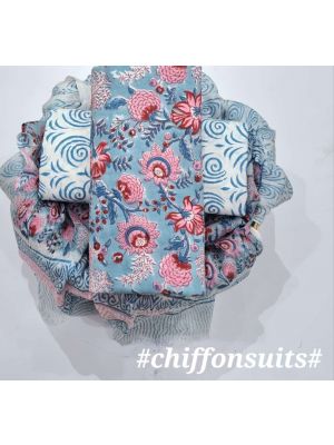 Premium Quality Hand Block Printed Cotton Dress Material with Chiffon Dupatta - KC011127