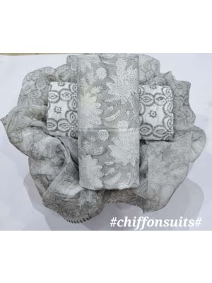 Premium Quality Hand Block Printed Cotton Dress Material with Chiffon Dupatta - KC011129