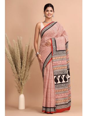Beautiful Hand Block Print Malmal Cotton Saree with Blouse - KC100375