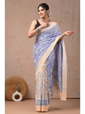 Beautiful Hand Block Printed Malmal Cotton Saree - KC100596