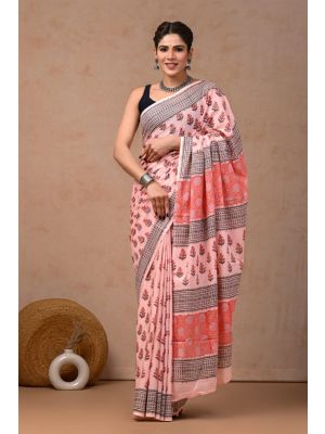 Beautiful Hand Block Printed Malmal Cotton Saree - KC100604