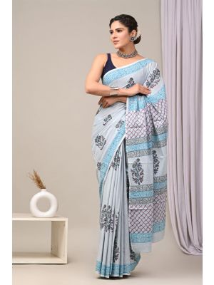 Beautiful Hand Block Printed Malmal Cotton Saree - KC100609