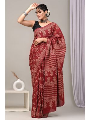 Beautiful Hand Block Printed Malmal Cotton Saree - KC100626