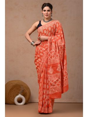 Beautiful Hand Block Printed Malmal Cotton Saree - KC100639