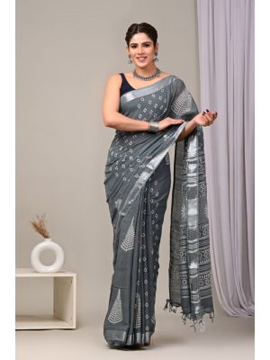 Linen Cotton Saree with Beautiful Silver Zari Border - KC180116