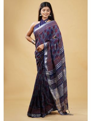 Linen Cotton Saree with Beautiful Silver Zari Border - KC180132