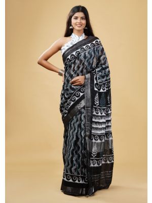 Linen Cotton Saree with Beautiful Silver Zari Border - KC180133