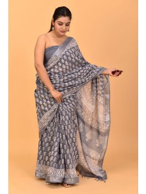 Linen Cotton Saree with Beautiful Silver Zari Border - KC180134