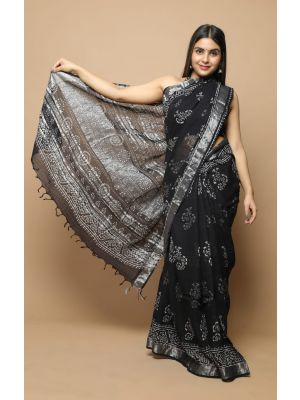 Linen Cotton Saree with Beautiful Silver Zari Border - KC180181