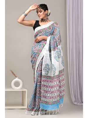 Linen Cotton Saree with Beautiful Silver Zari Border - KC180205