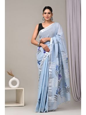 Linen Cotton Saree with Beautiful Silver Zari Border - KC180208