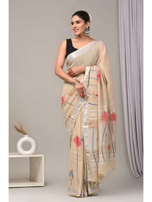 Linen Cotton Saree with Beautiful Silver Zari Border - KC180211