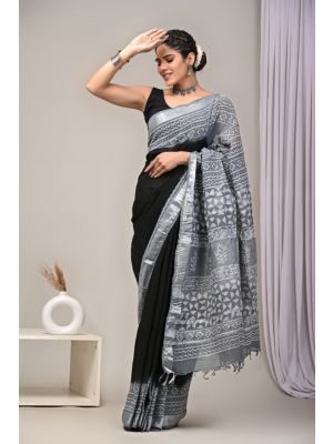 Linen Cotton Saree with Beautiful Silver Zari Border - KC180213