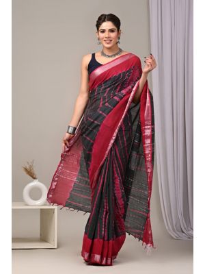 Linen Cotton Saree with Beautiful Silver Zari Border - KC180219