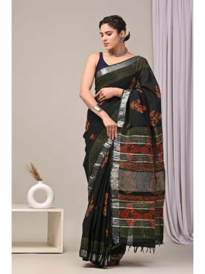 Linen Cotton Saree with Beautiful Silver Zari Border - KC180225