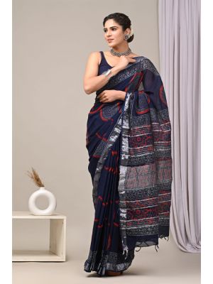 Linen Cotton Saree with Beautiful Silver Zari Border - KC180227