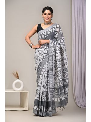 Linen Cotton Saree with Beautiful Silver Zari Border - KC180228