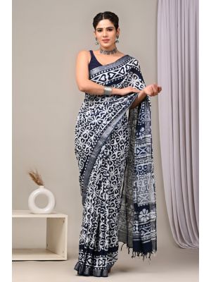 Linen Cotton Saree with Beautiful Silver Zari Border - KC180239