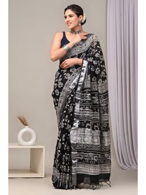 Linen Cotton Saree with Beautiful Silver Zari Border - KC180243