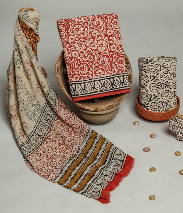 Traditional Hand Block Print Cotton Sets With Chiffon Dupatta Cotch03