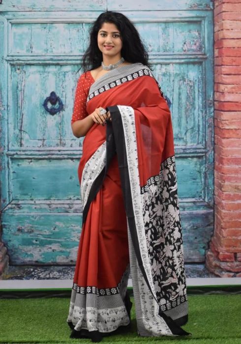 Mehendi Green and Red color pochampally Ikkat cotton handloom saree with  all over pochampally ikkat design -