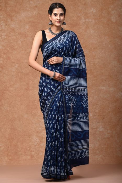 Buy Blue and White Indigo Block Print Chanderi Saree-20149