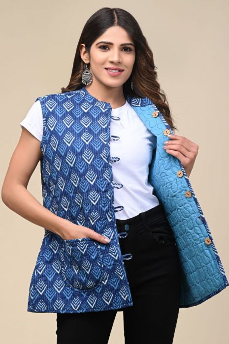 Buy ANVIK Women's Jaipuri Cotton Reversible Quilted Half Jacket  (Color-Blue, Green & Red) (Size-38-Medium) at Amazon.in