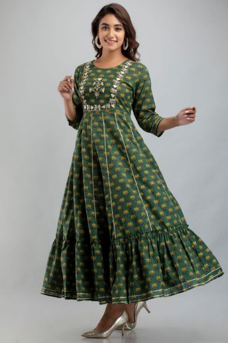 Twara teal blue Chinese collared & 3/4th sleeve cotton umbrella kurti with  intricate printed motifs with glitter work